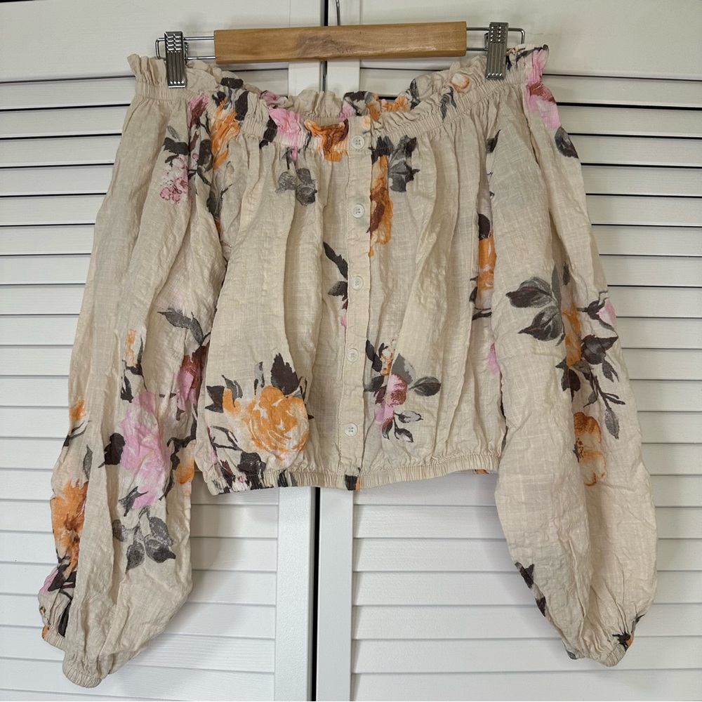 By Together Cream Floral Button-Down Blouse off shoulder